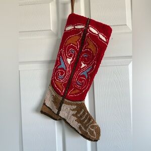 Unique Cowboy boot stocking.  Very intricate.  Red with blue and white scroll